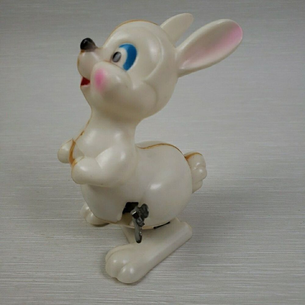 Easter Unlimited Wind Up White Rabbit Toy Bunny Blue Eyes Plastic Spring Vintage